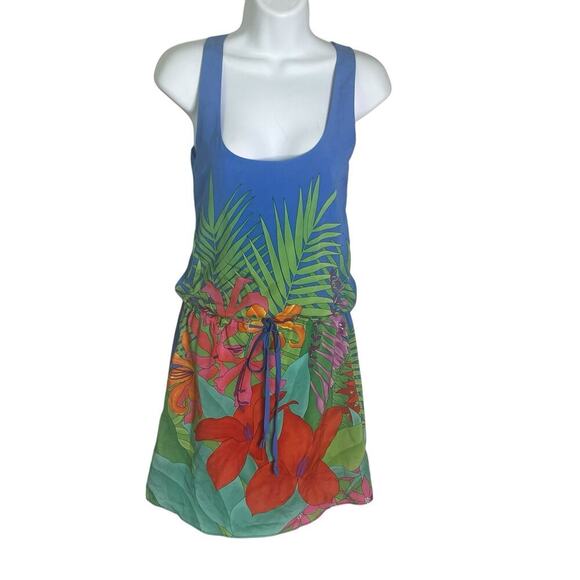 NWT Christopher Deane Tunic Silk Dress XS Tropical Floral Drawstring Blue $255 - Picture 1 of 11